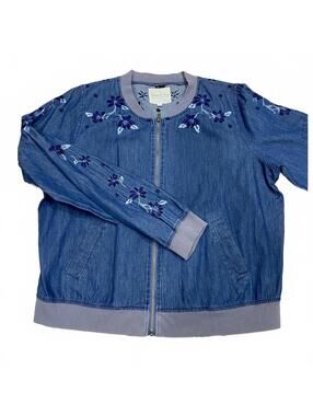 NWOT Copper Key Chambray Floral Embroidered Zip Up Bomber Jacket- Size Large